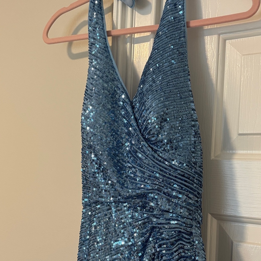 Morgan & Co. Glittering Open Back Blue Sequin Gown